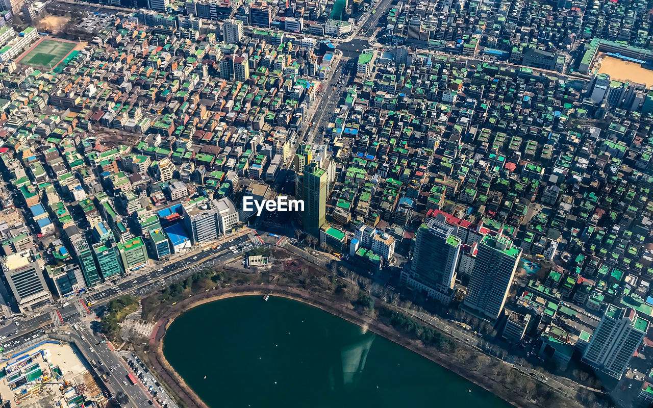 high angle view of city buildings