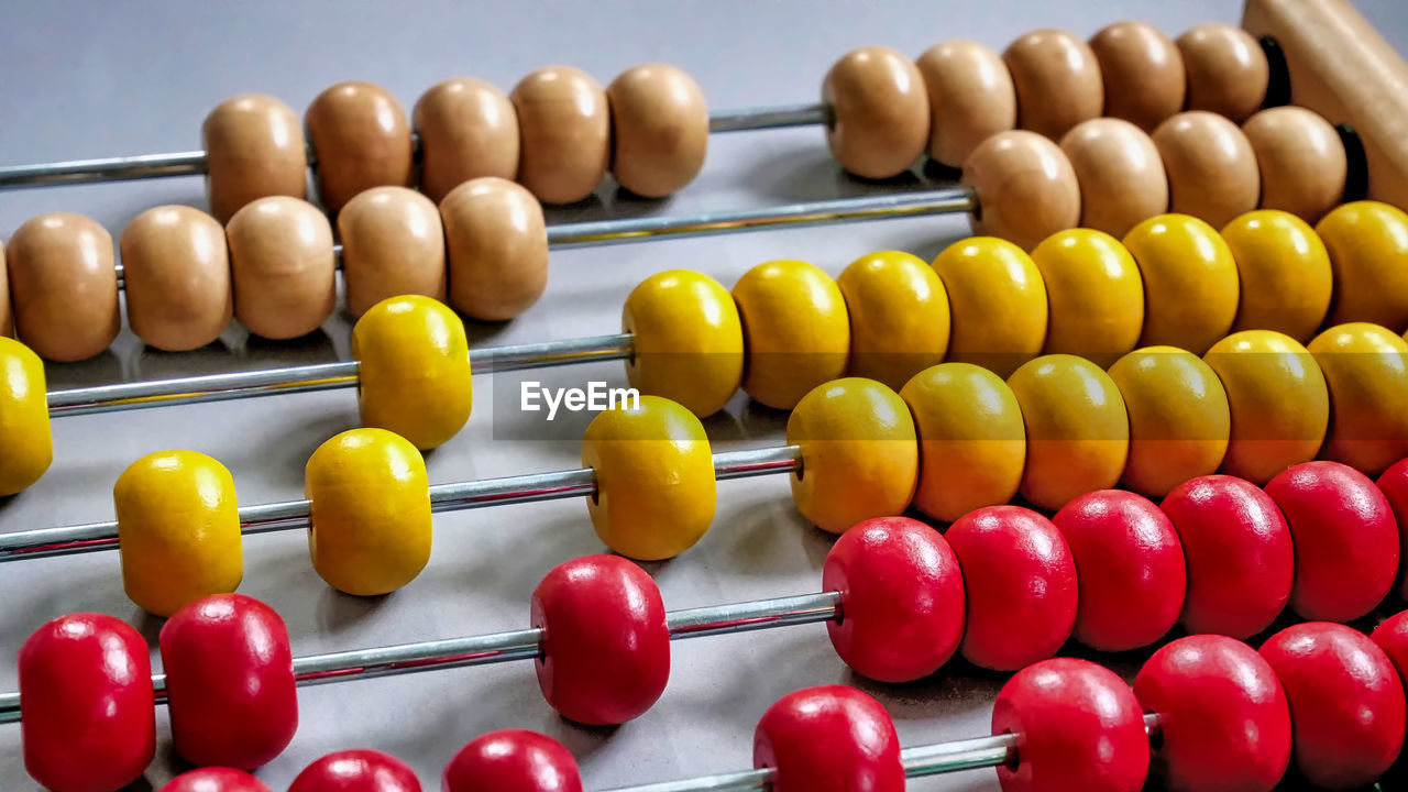 Close-up of multi colored abacus on table