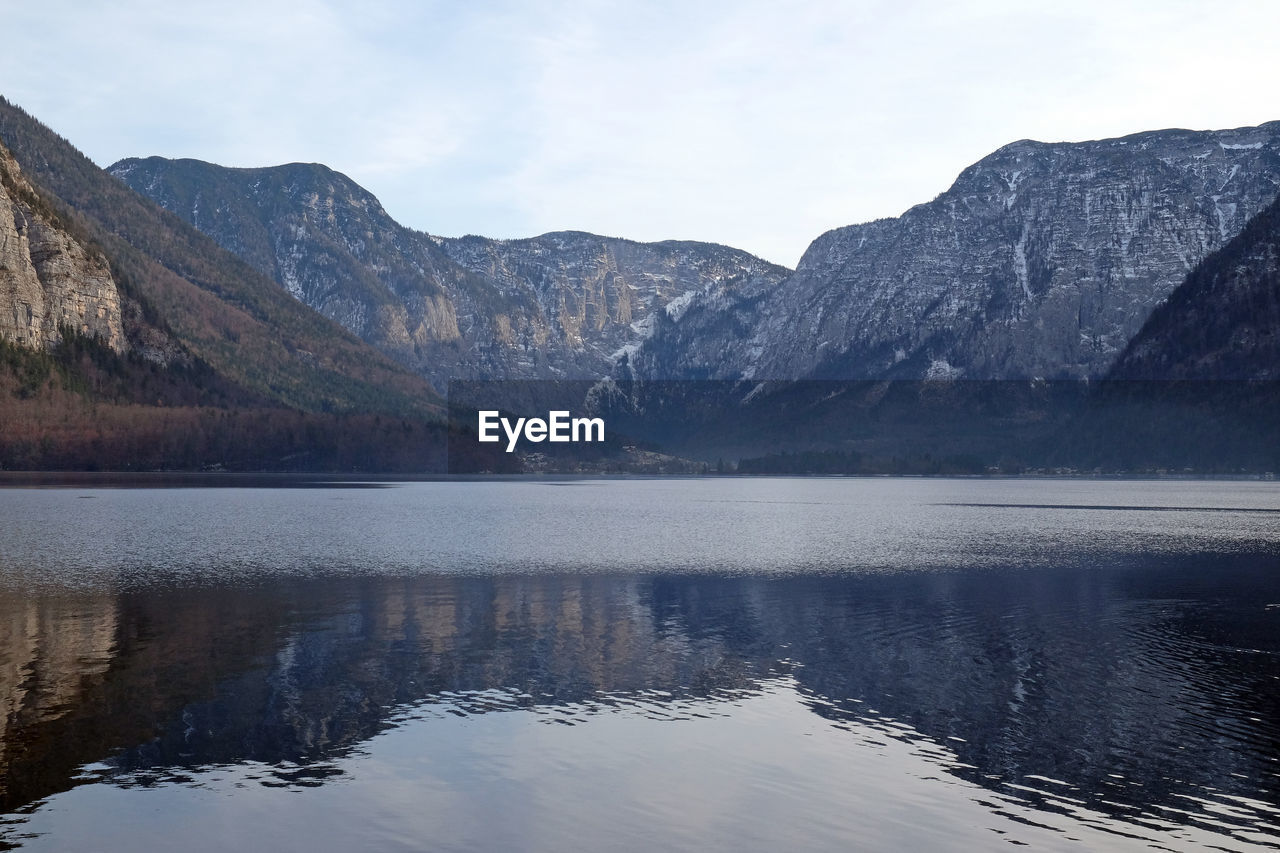 Scenic view of lake by mountains against sky