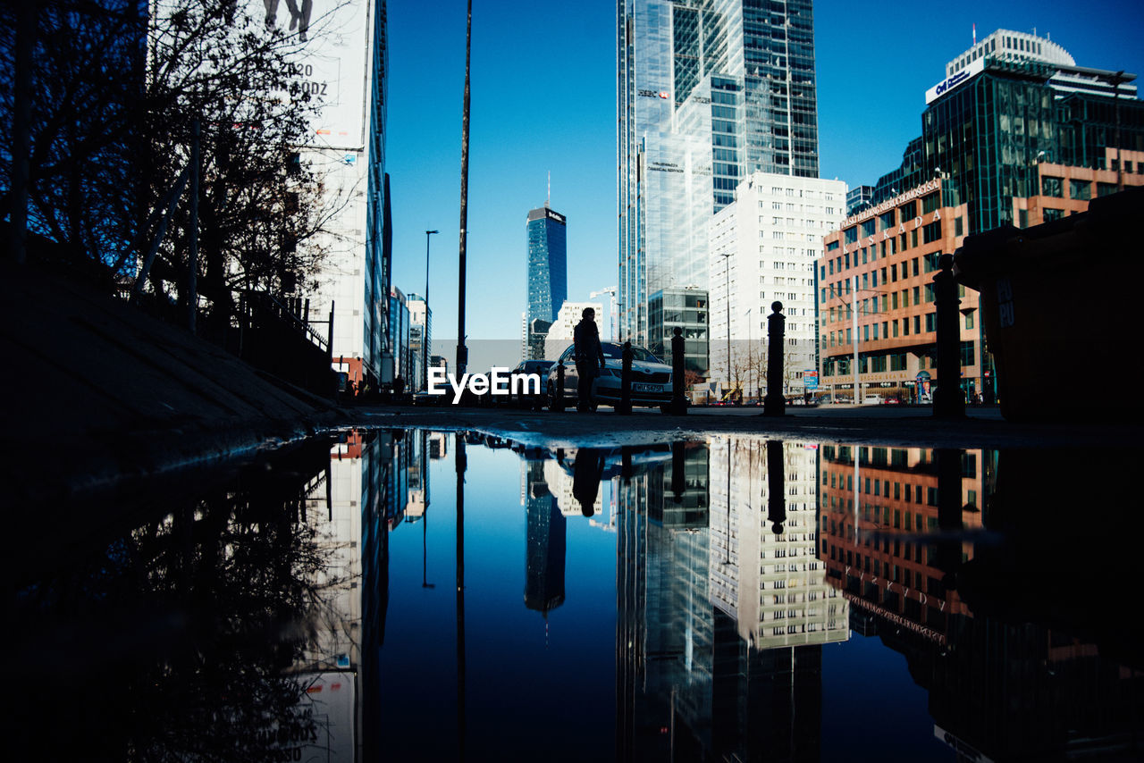 Reflection of buildings in lake puddle against blue sky