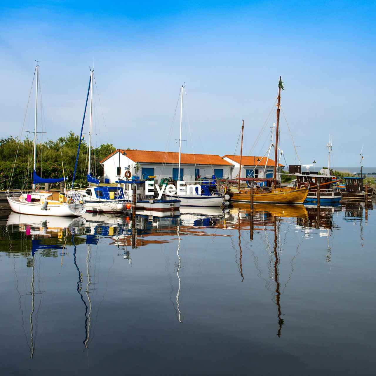 SAILBOATS MOORED AT HARBOR