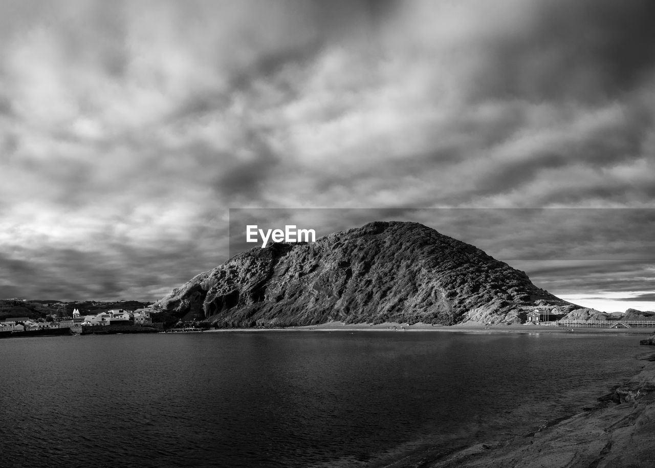 Scenic view of sea and mountains against sky