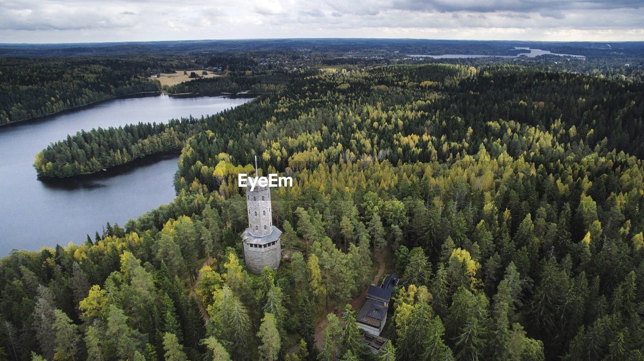 High angle view of tower in green trees in river