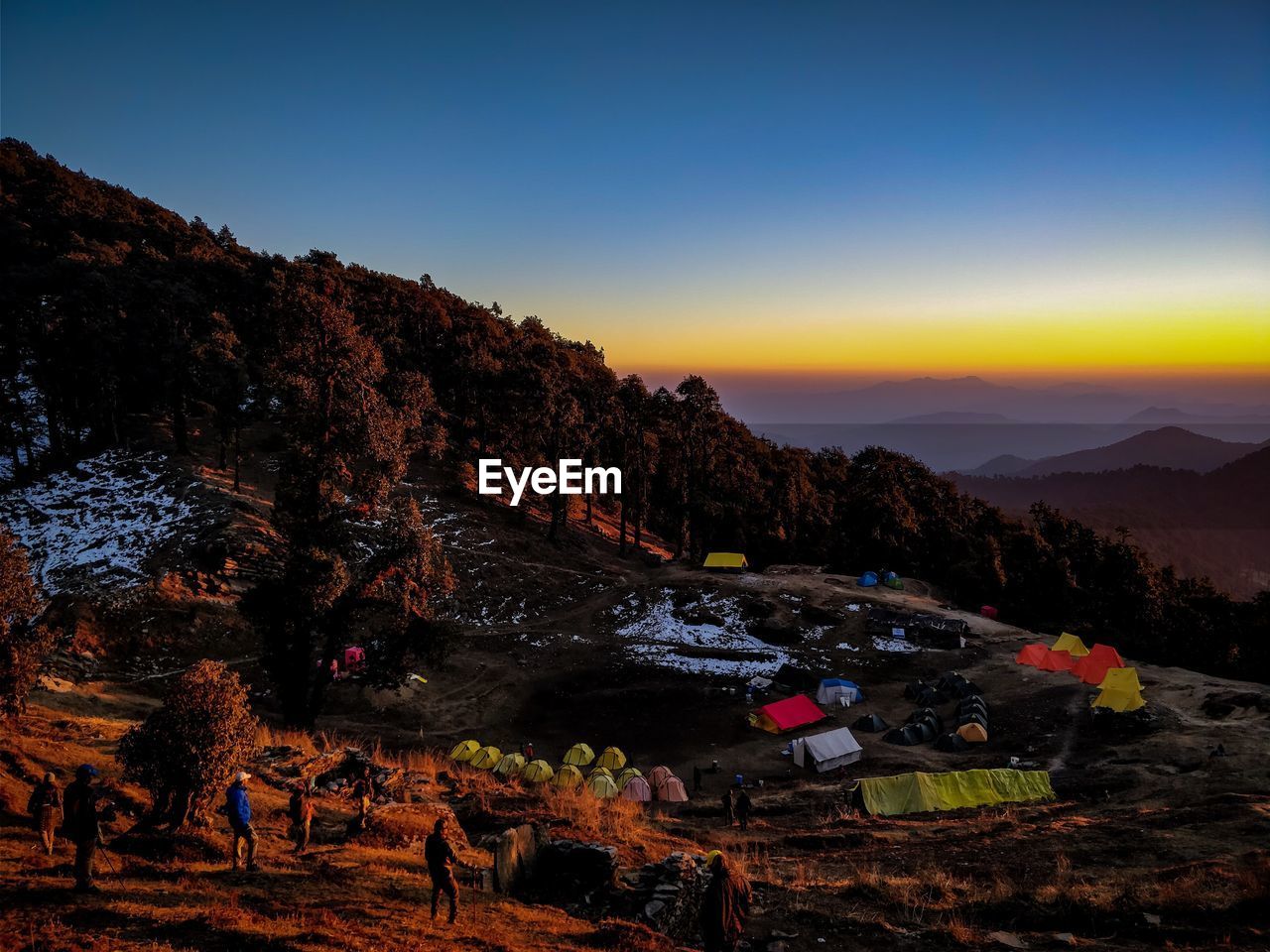 Scenic view of field against clear sky during sunset