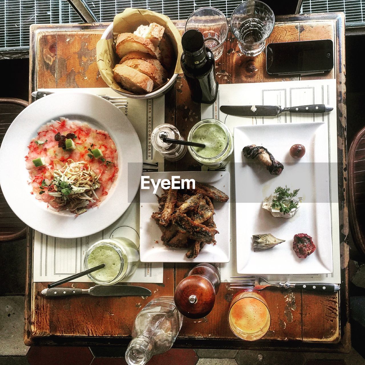 Directly above shot of food served on table