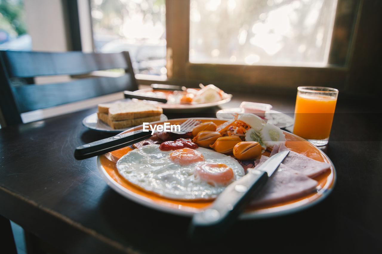 Close-up of served breakfast