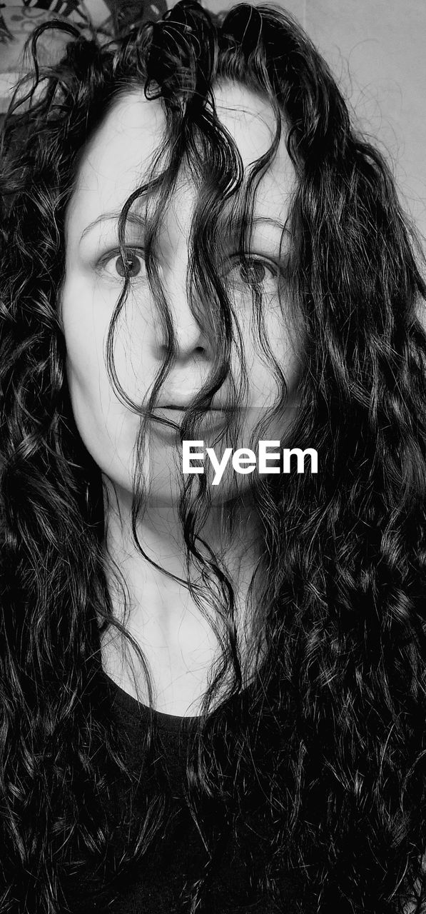 black and white, long hair, one person, hairstyle, black, monochrome photography, monochrome, portrait, women, adult, headshot, young adult, indoors, drawing, sketch, human face, curly hair, close-up, lifestyles, eyes closed, human hair, studio shot, ringlet, person