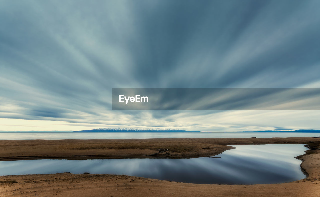 Landscape of the lake with smooth clouds and water by long exposure