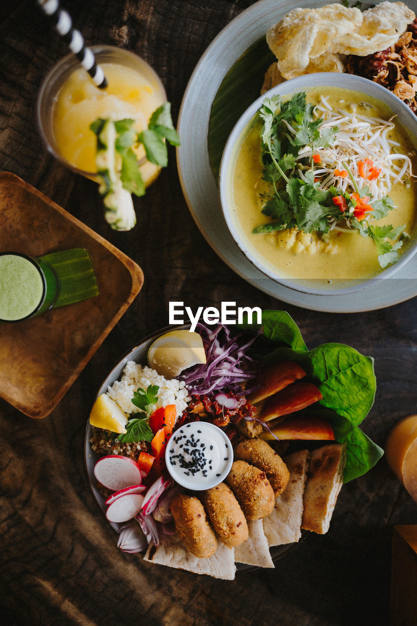 High angle view of meal served on table