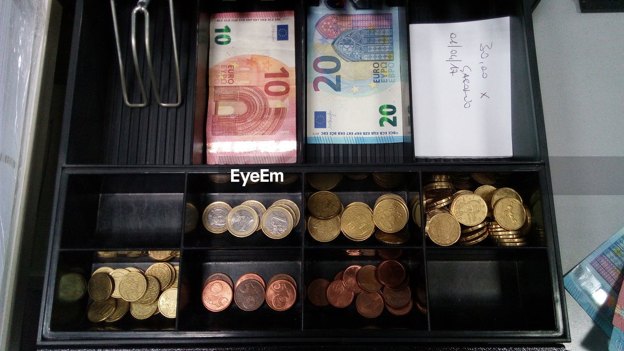 CLOSE-UP OF COINS ON TABLE