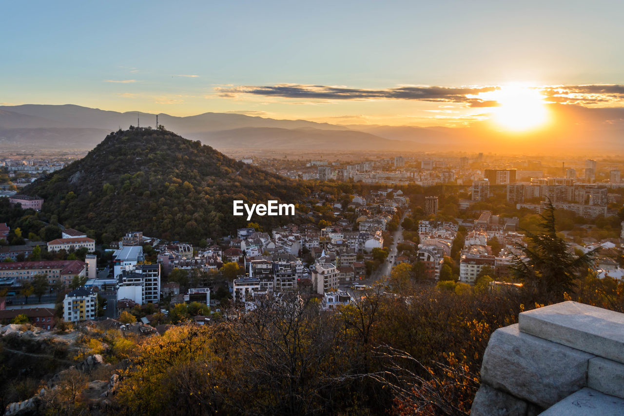 Plovdiv cityscape from the top of a hill.