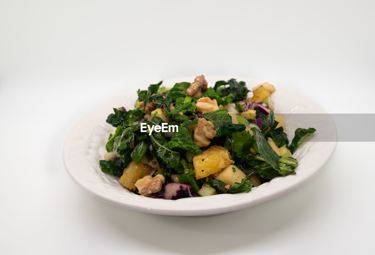 food and drink, food, healthy eating, vegetable, wellbeing, salad, leaf vegetable, dish, produce, green, freshness, meal, plate, studio shot, no people, indoors, bowl, cuisine, meat, dinner, spinach, white background, savory food, still life