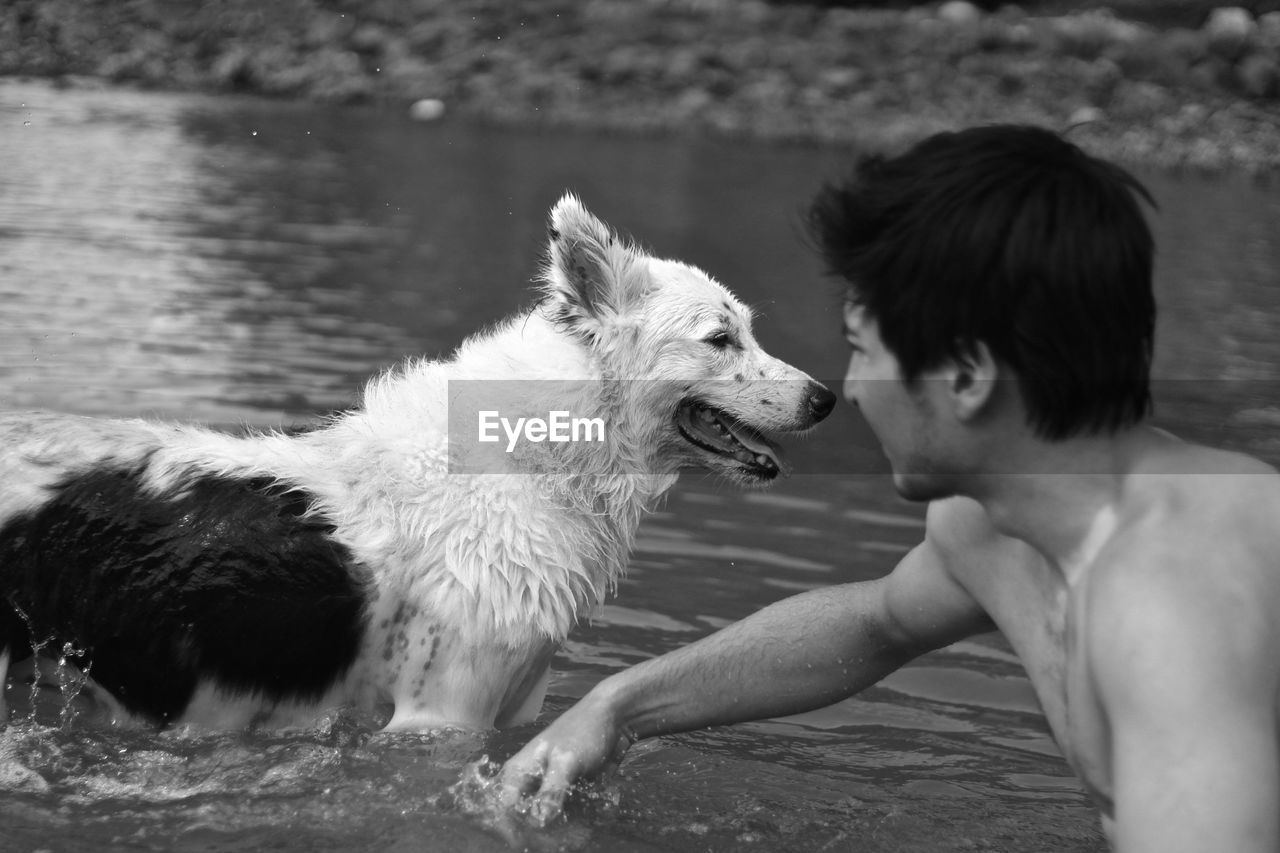 Man playing with dog in lake