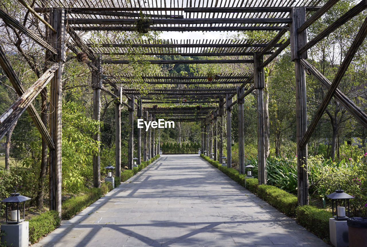 Walkway through tunnel made by wood in a park