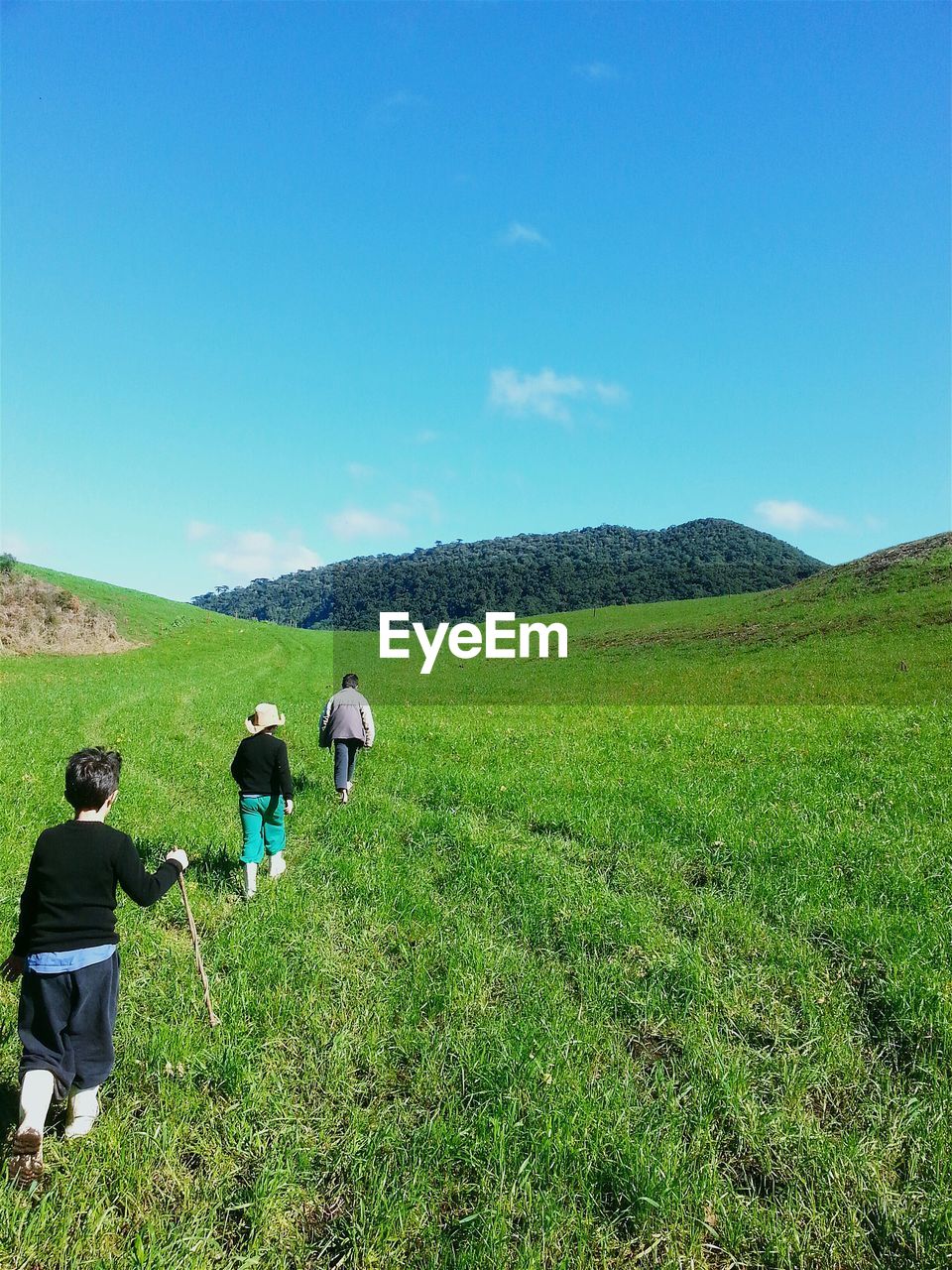 Rear view of children hiking on grass field against sky