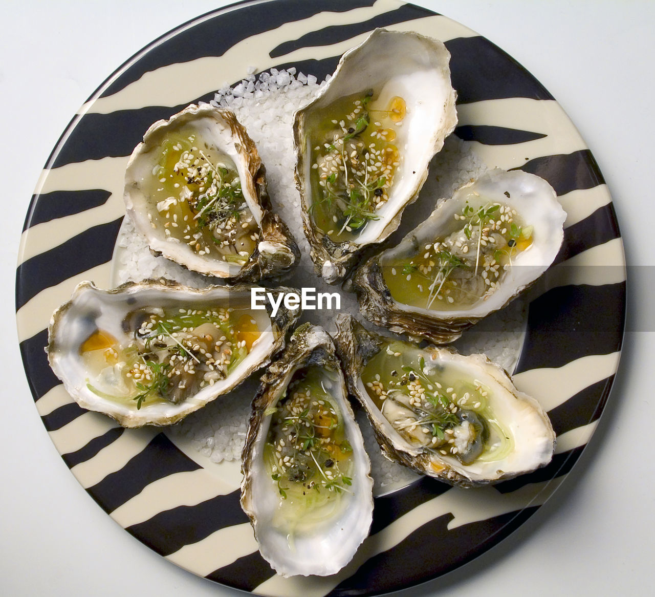 Directly above shot of oyster served in plate against white background