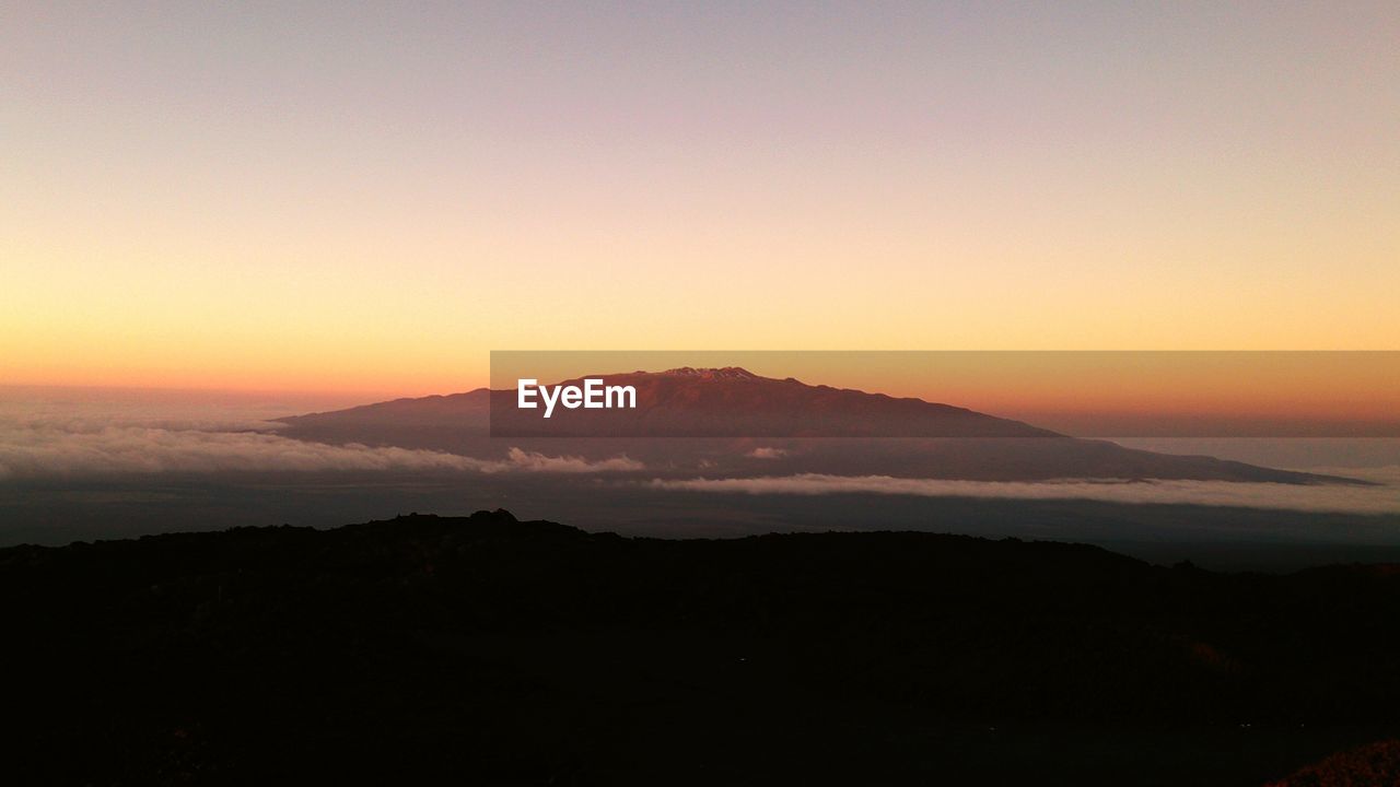 Scenic view of mauna kea against clear sky during sunset