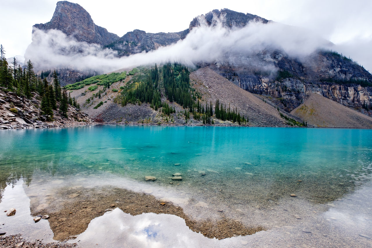 Scenic view of lake against cloudy sky