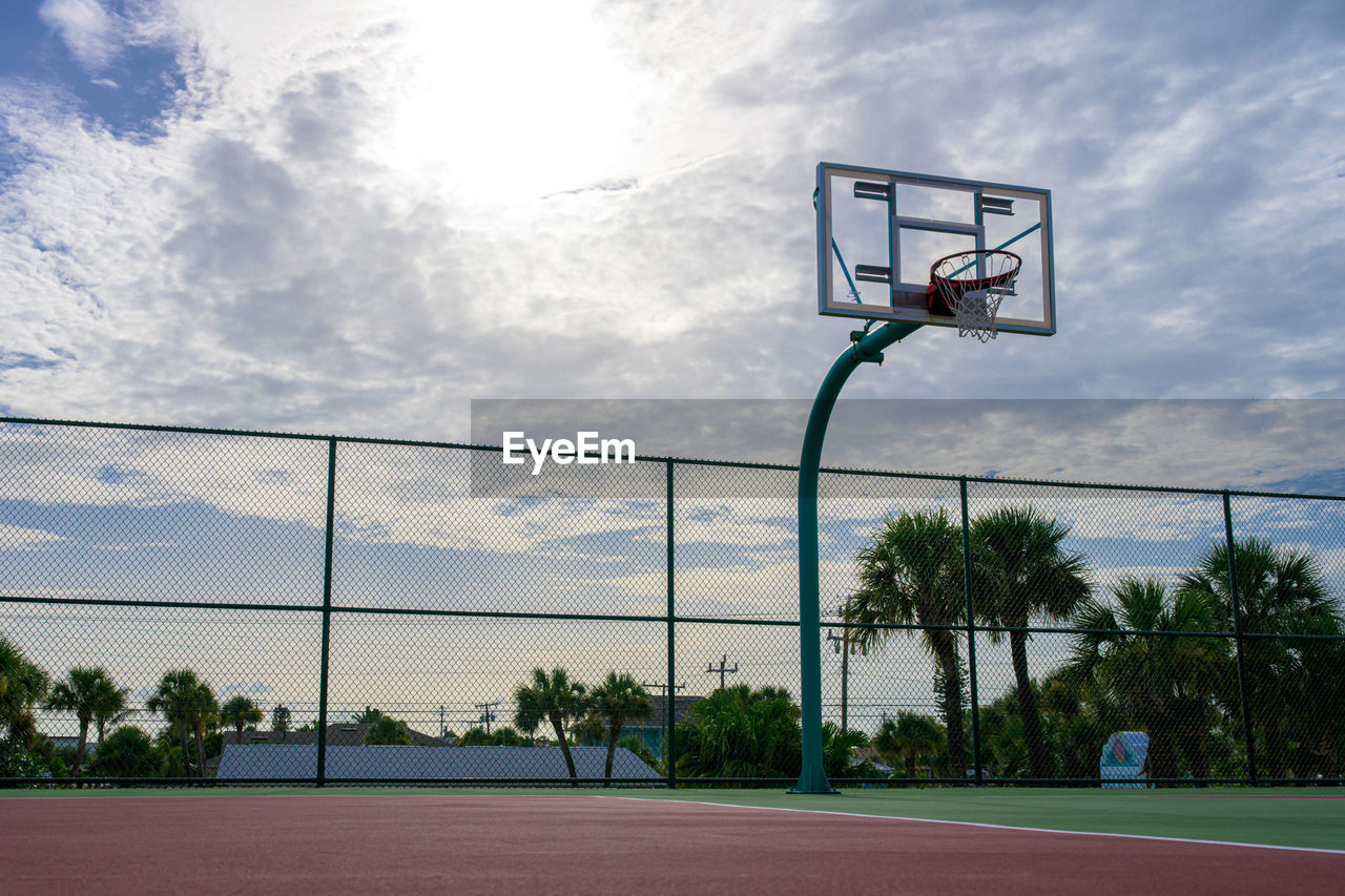 Basketball hoop on street against sky