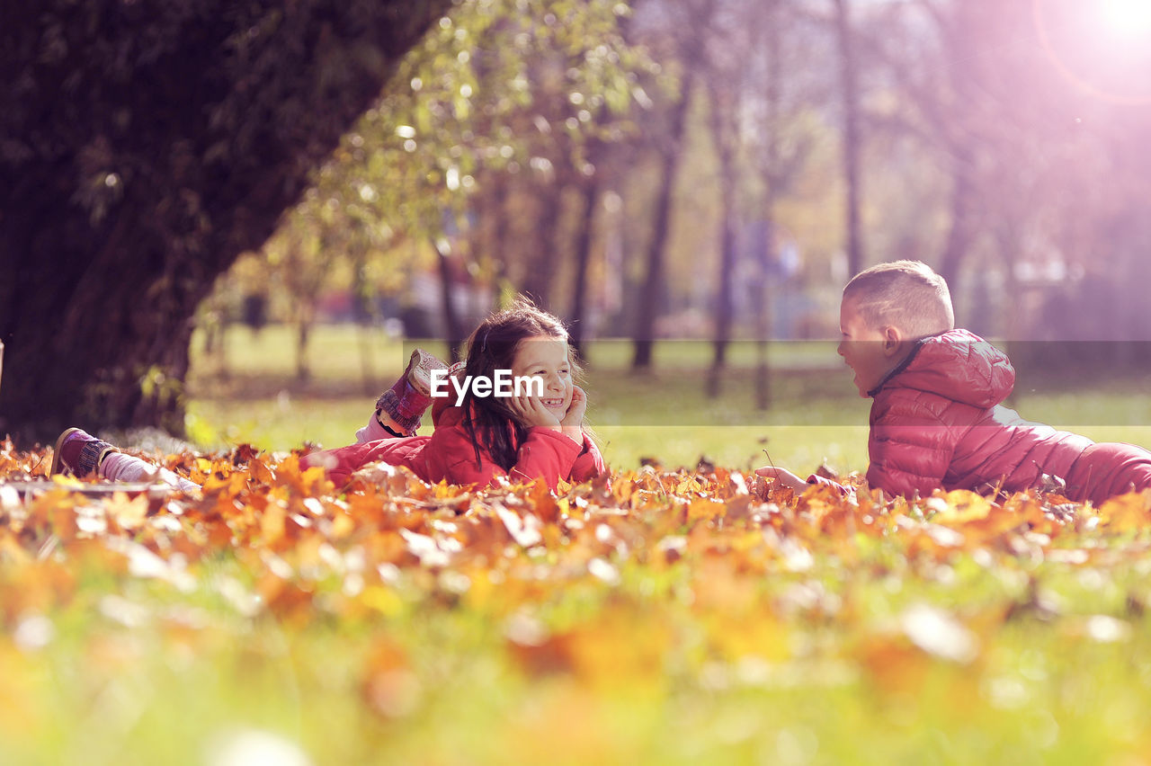 Friends lying over leaves at park during autumn