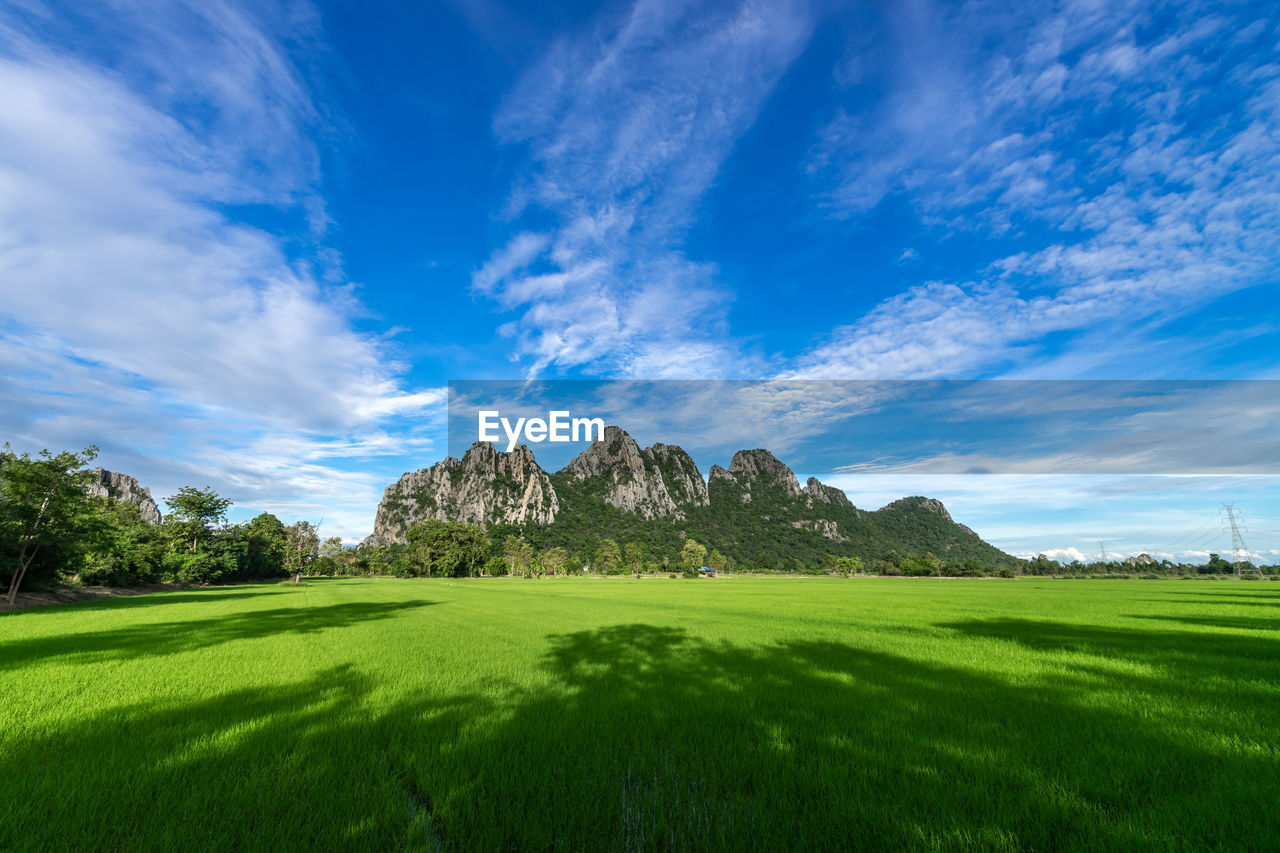 Beautiful mountain on blue sky background , rice fields foreground , nakhon sawan province 