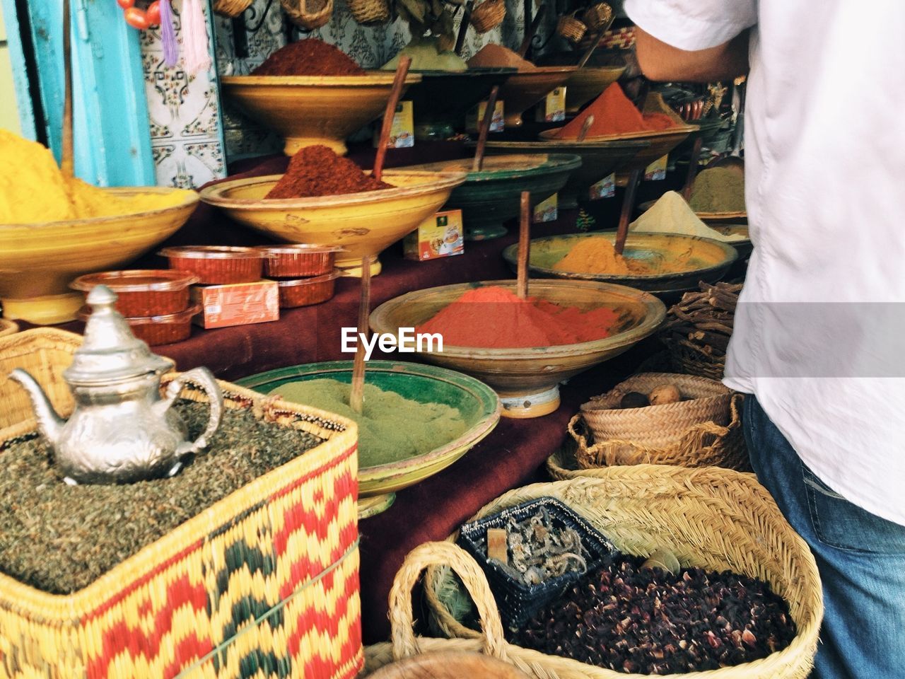 Various condiments on stands