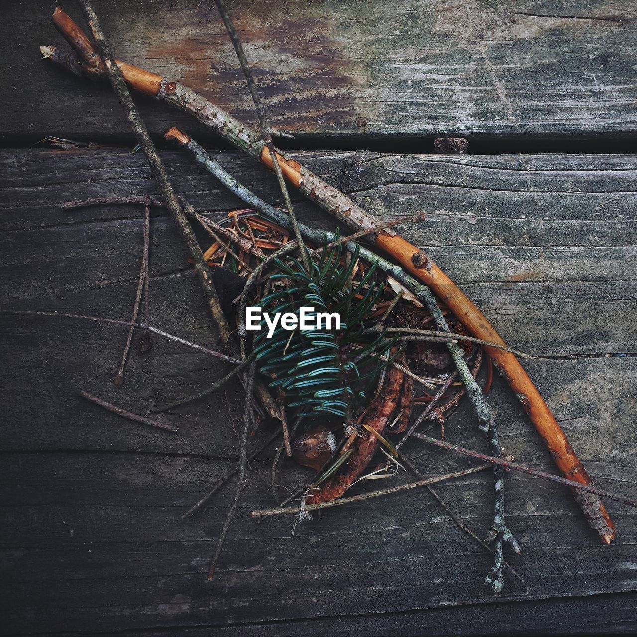 Close-up of twigs on wooden floor