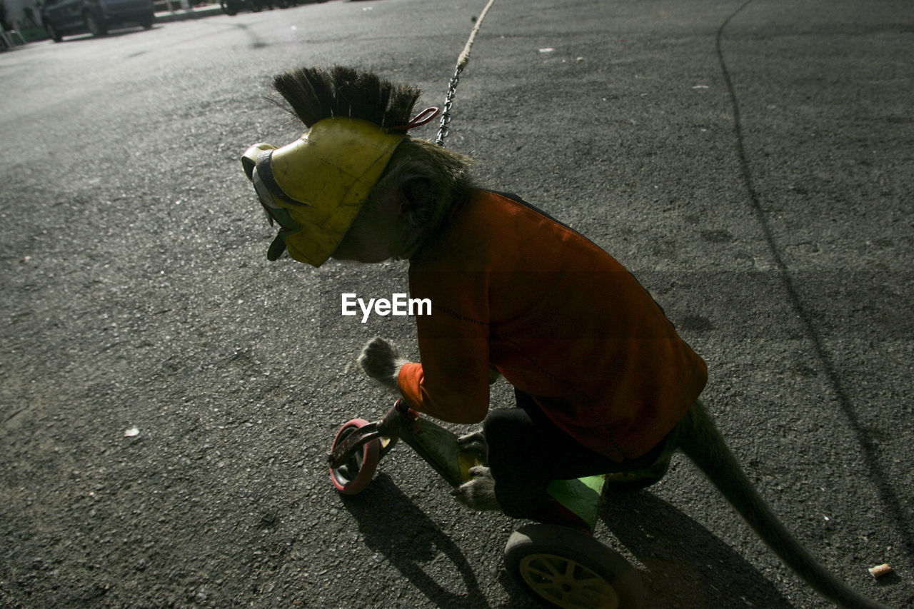 HIGH ANGLE VIEW OF MAN ON ROAD OUTDOORS