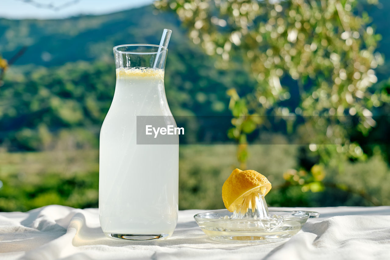 Summer refreshing lemonade drink or alcoholic cocktail with ice, rosemary and lemon slices on table