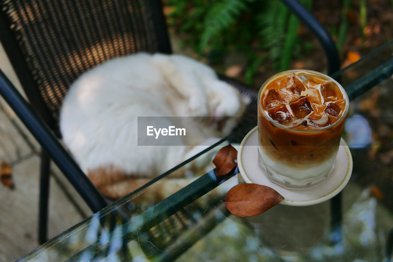 HIGH ANGLE VIEW OF COFFEE IN CUP ON TRAY