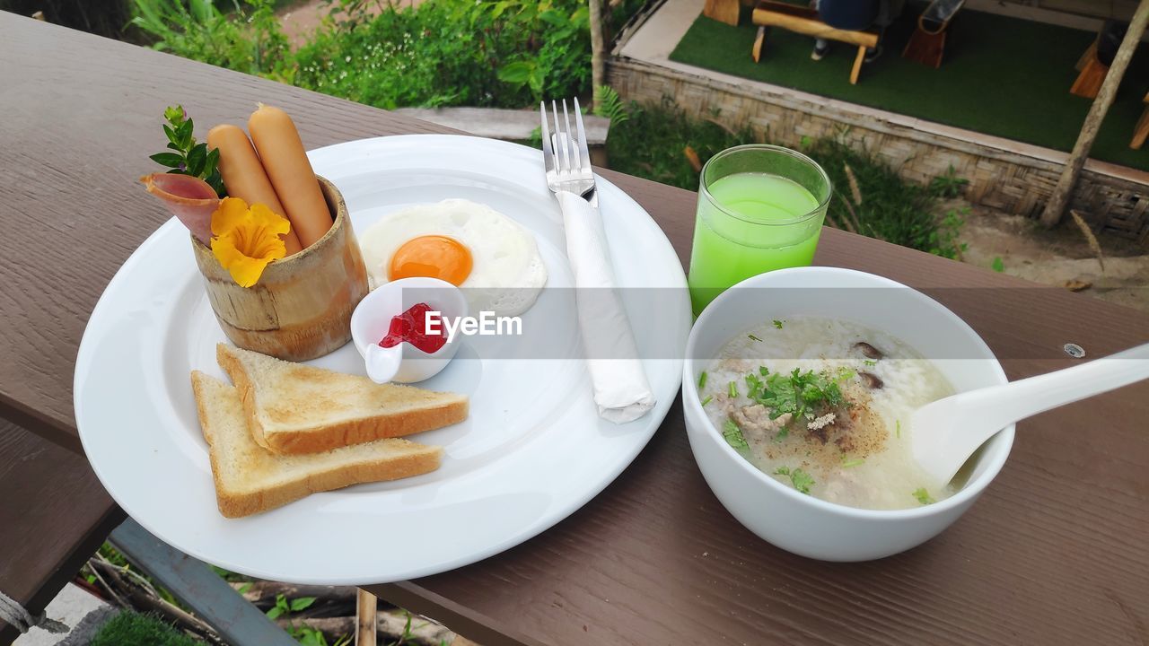 High angle view of breakfast served on table