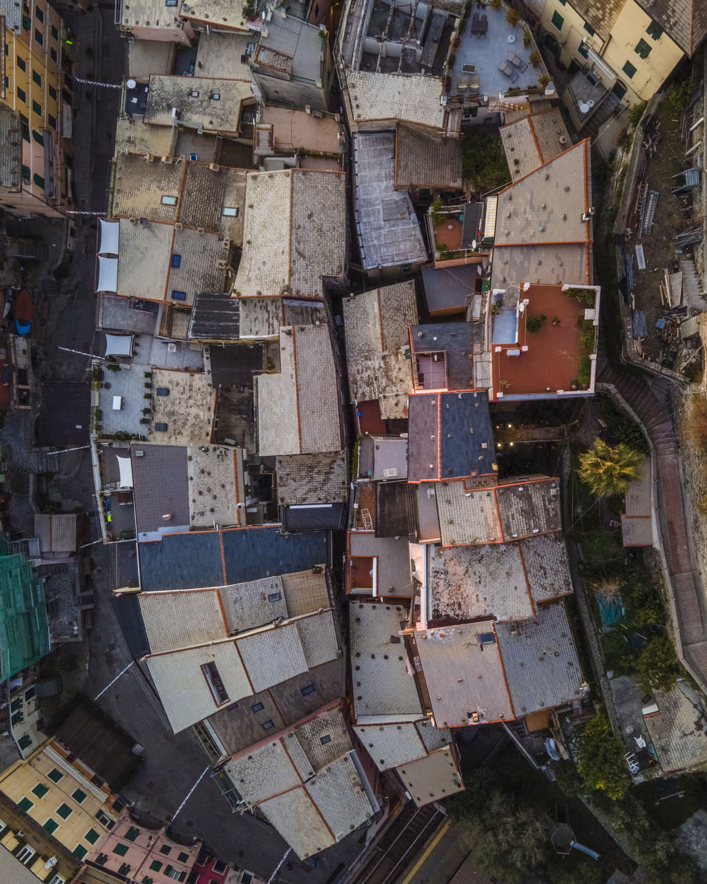 Aerial view of buildings and houses in town