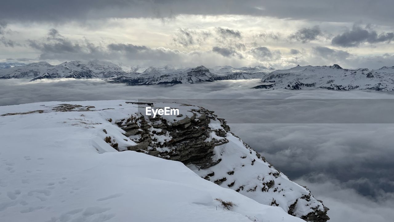 Scenic view of snow covered mountains against sky