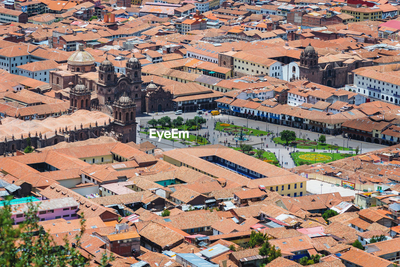 High angle view of buildings in city