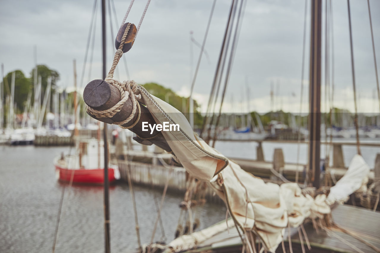 Rigging on an old sailing ship in denmark. focus on the mast