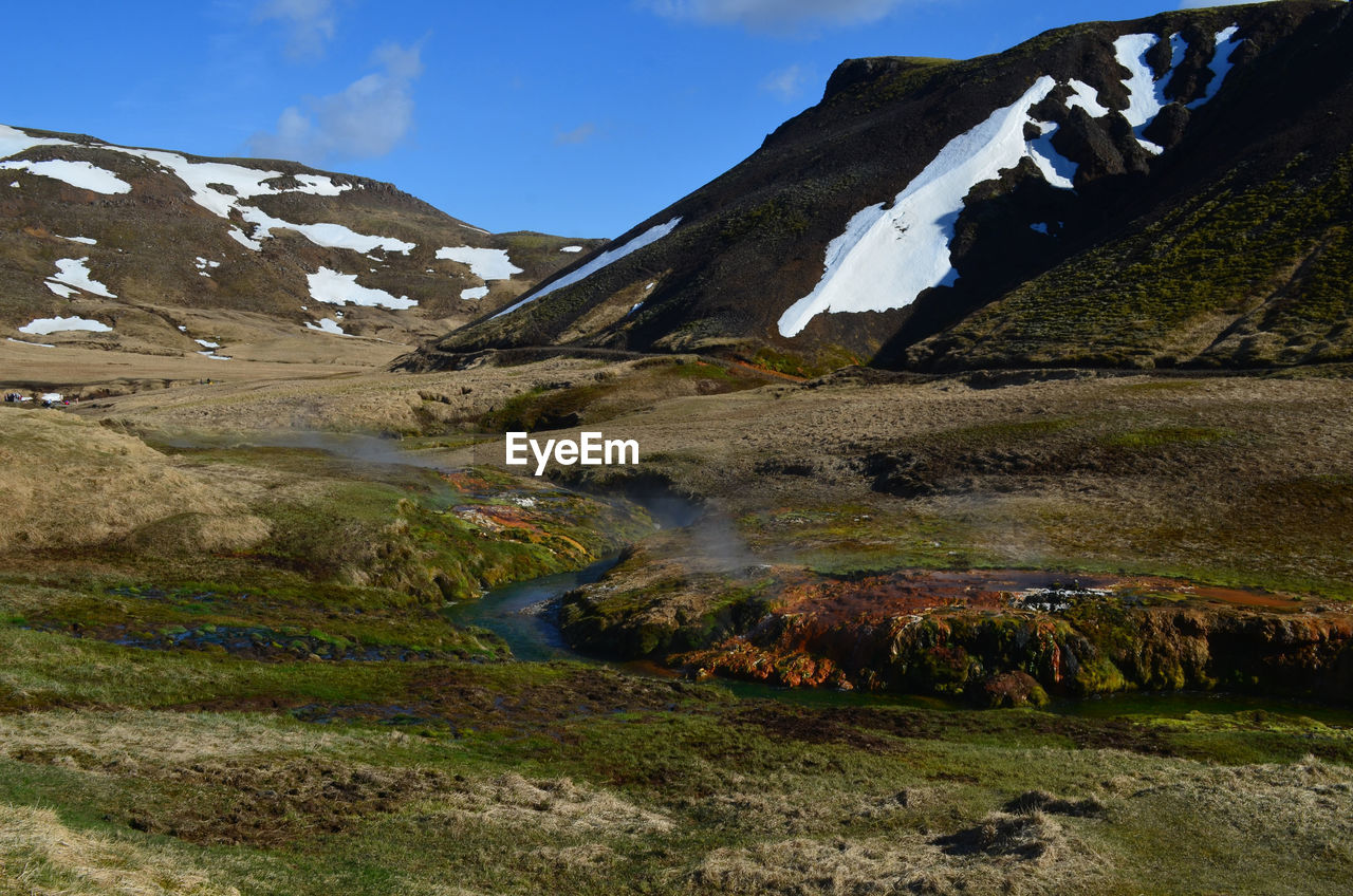 Beautiful valley with a flowing hot spring in scenic iceland landscape.