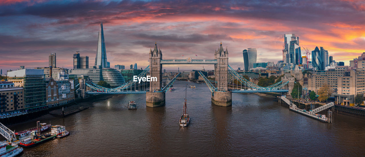 Aerial panorama of the london tower bridge and the river thames, england, united kingdom.