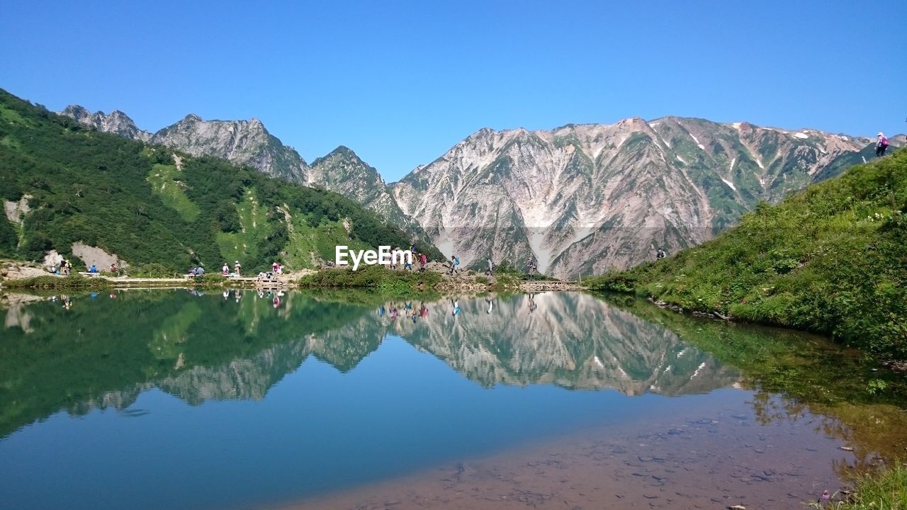 SCENIC VIEW OF LAKE AND MOUNTAINS AGAINST CLEAR SKY