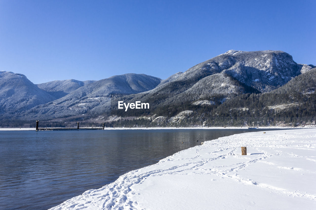 Scenic view of snowcapped mountains against clear blue sky