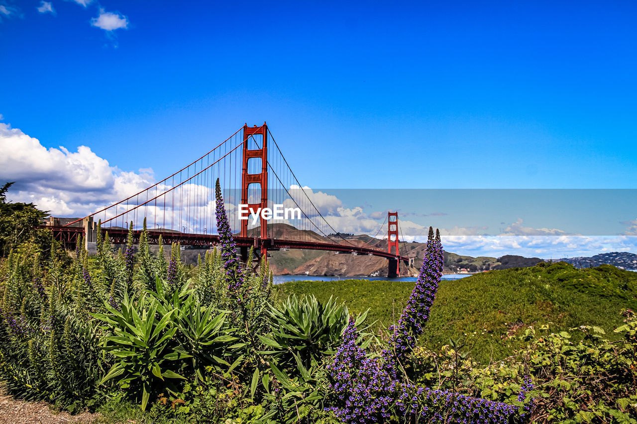 SUSPENSION BRIDGE AGAINST CLOUDY SKY