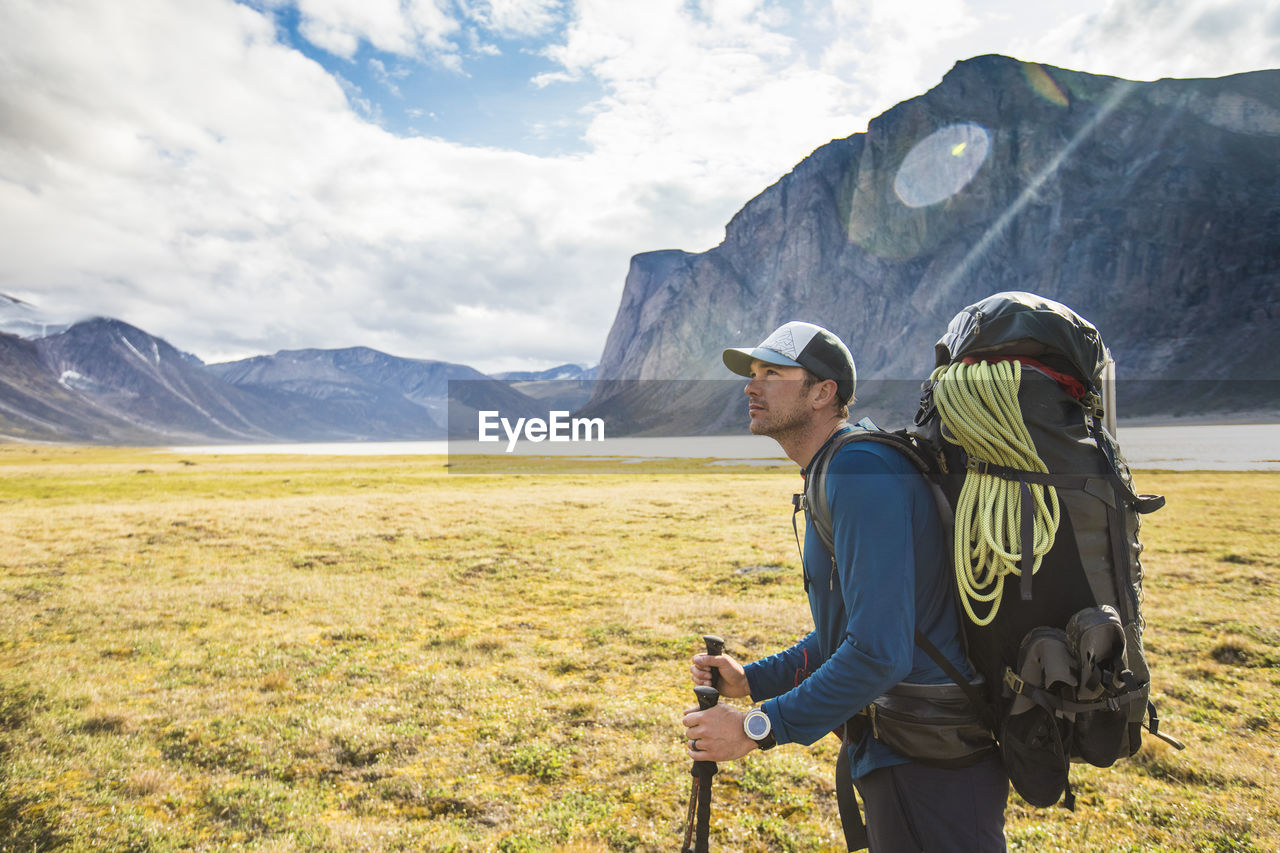 Portrait of backpacker during muti-day hike in akshayak pass