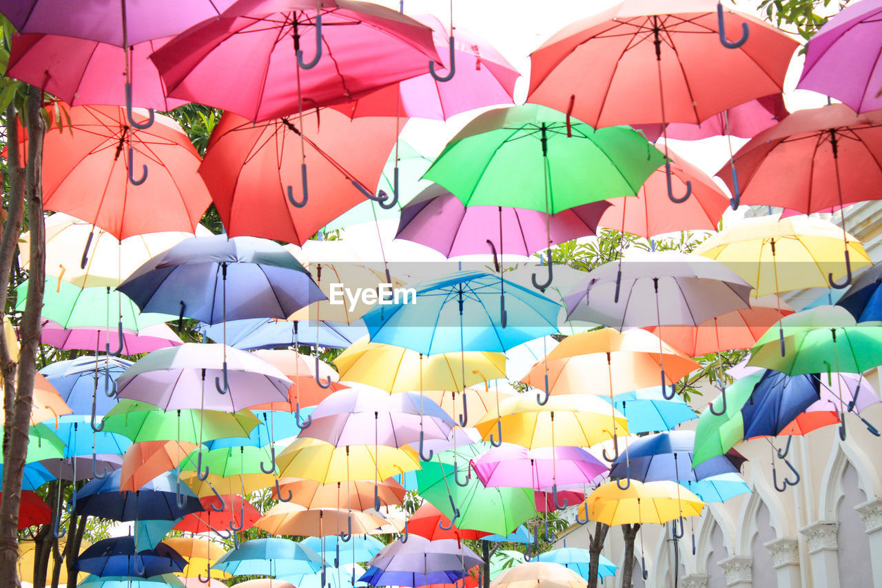 Multi colored umbrellas hanging outdoors