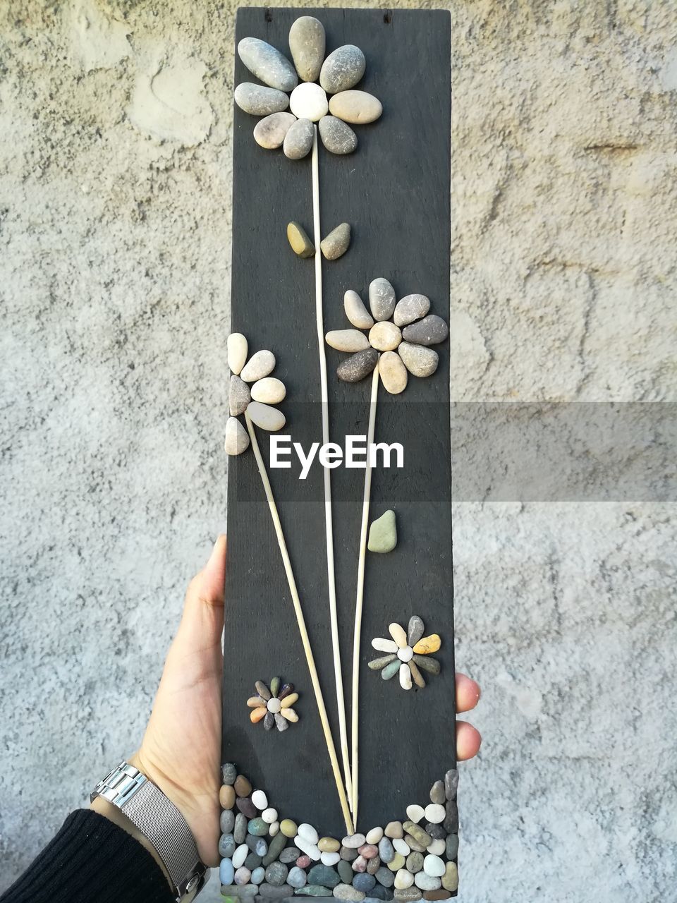 DIRECTLY ABOVE SHOT OF HAND HOLDING FLOWERING PLANT AGAINST WALL