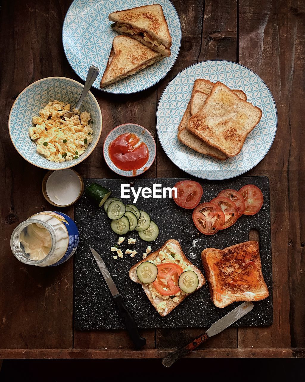 High angle view of breakfast served on table