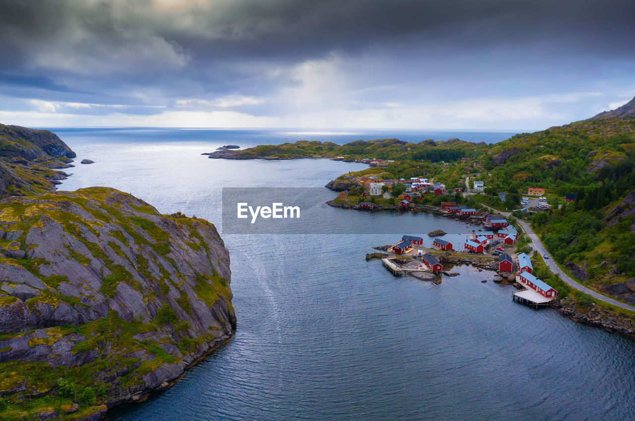 high angle view of boats in sea against sky