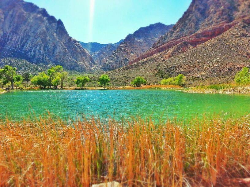 SCENIC VIEW OF LAKE AND MOUNTAINS