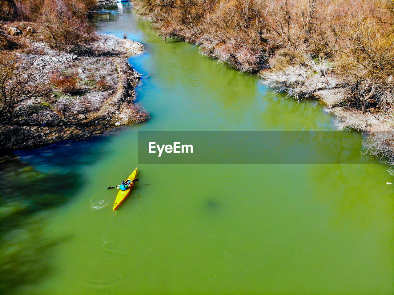 High angle view of man kayaking on river