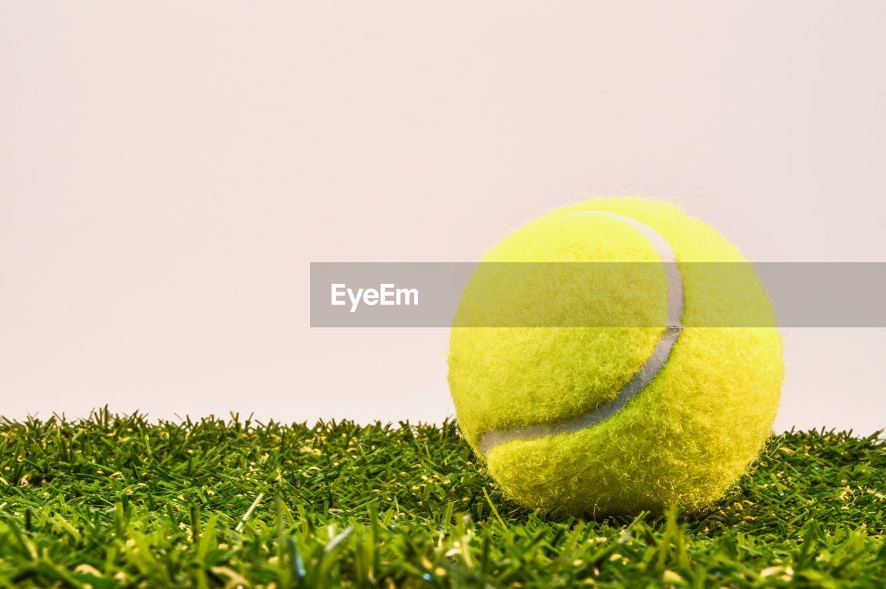 Close-up of tennis ball on grass against wall