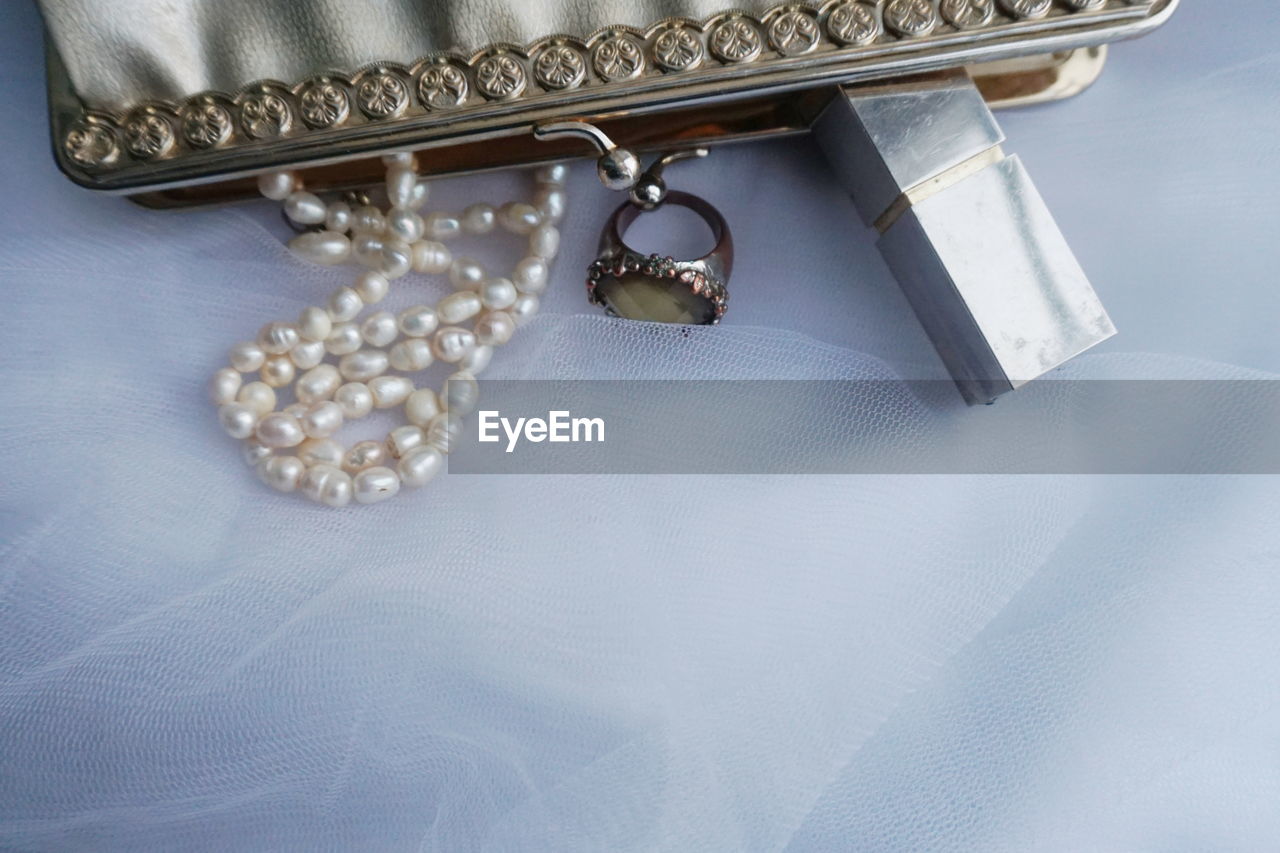 High angle view of purse on white table