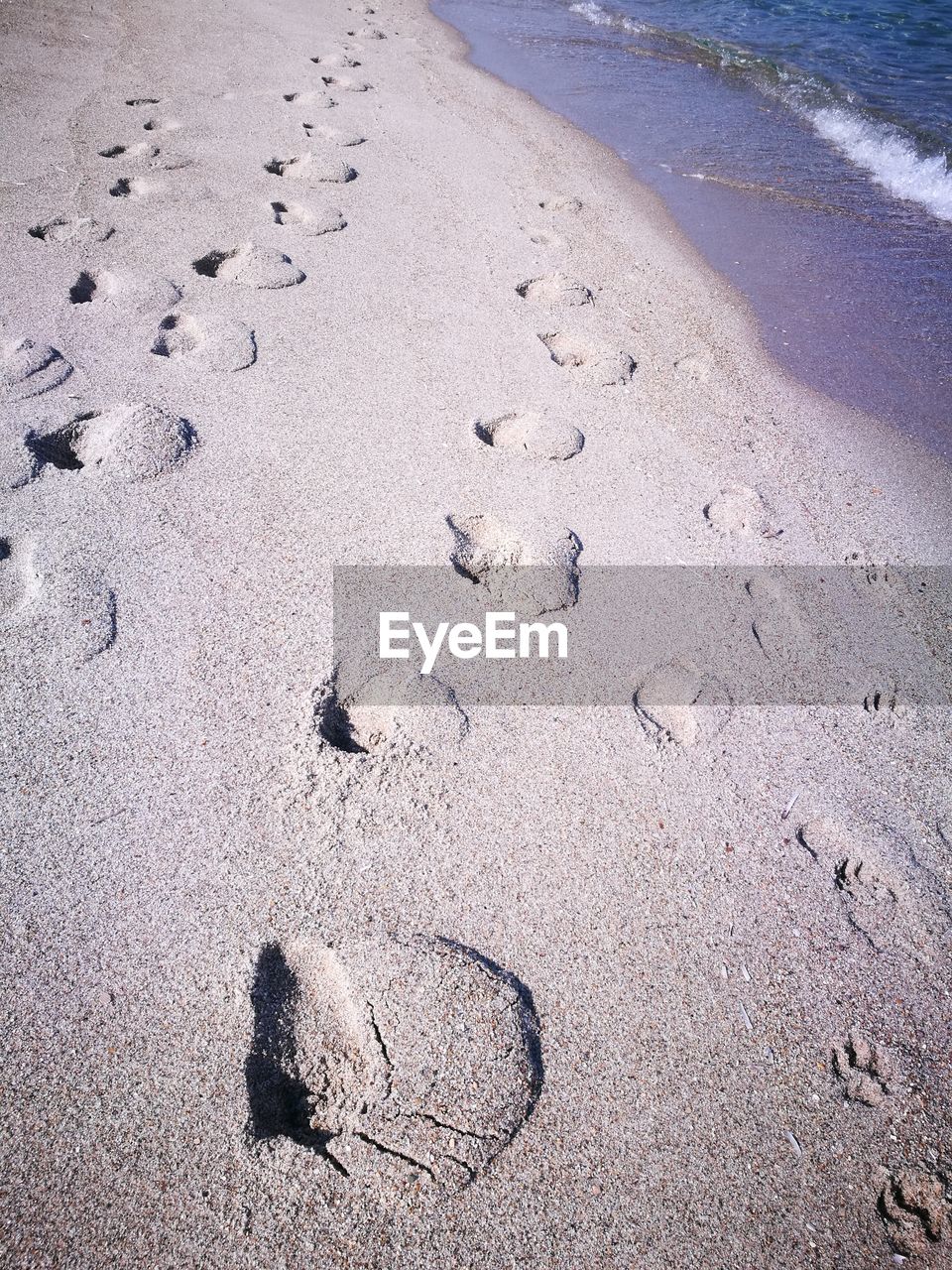 HIGH ANGLE VIEW OF FOOTPRINTS ON WET SAND